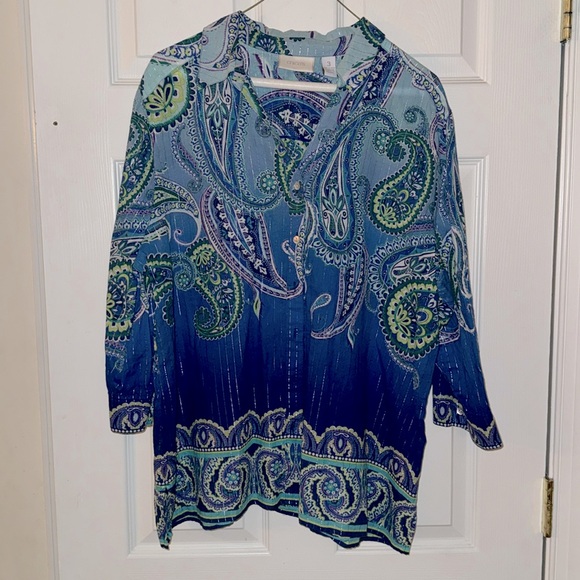 Chicos Size 3 (XL) Blue Green Purple Paisley w/delicate threads of silver - Picture 1 of 5